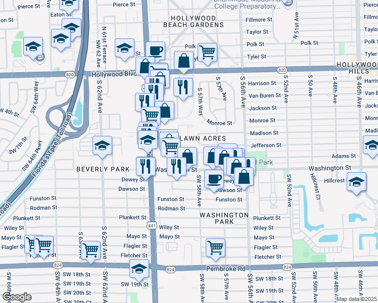 map of restaurants, bars, coffee shops, grocery stores, and more near 120 Hidden Court Drive in Hollywood