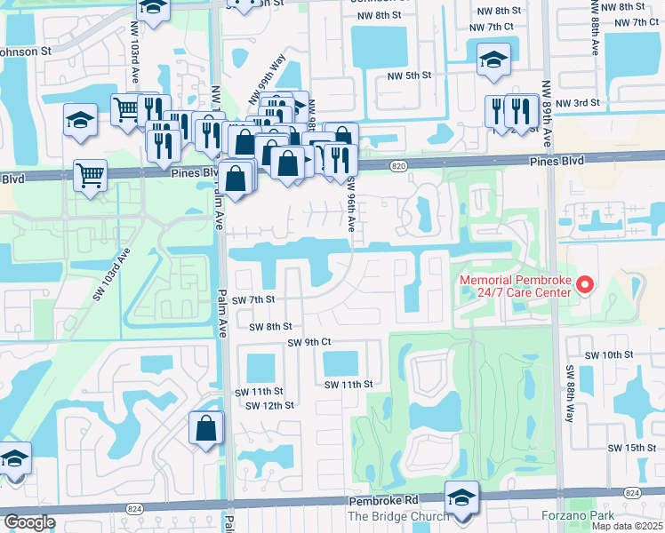 map of restaurants, bars, coffee shops, grocery stores, and more near 9610 Southwest 6th Court in Pembroke Pines