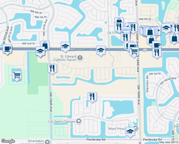 map of restaurants, bars, coffee shops, grocery stores, and more near 331 Southwest 190th Avenue in Pembroke Pines
