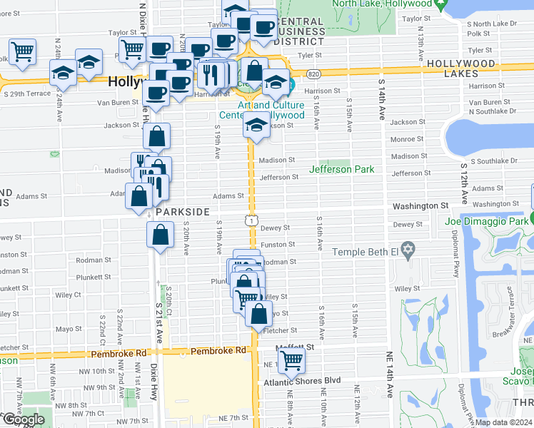map of restaurants, bars, coffee shops, grocery stores, and more near 1736 Washington Street in Hollywood
