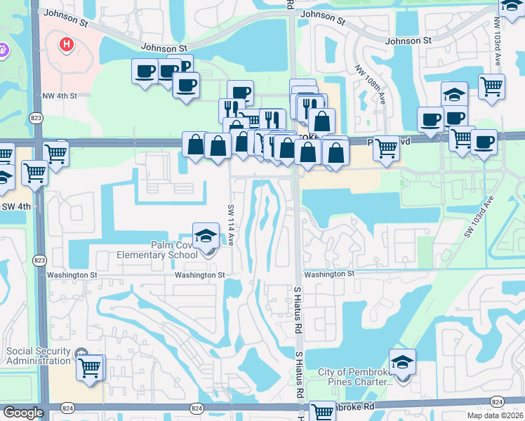 map of restaurants, bars, coffee shops, grocery stores, and more near 435 Southwest 113th Lane in Pembroke Pines