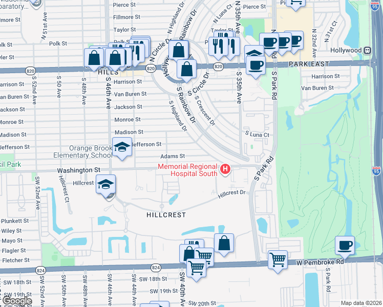 map of restaurants, bars, coffee shops, grocery stores, and more near 3833 Adams Street in Hollywood