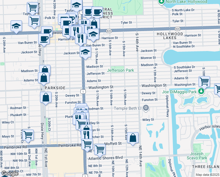 map of restaurants, bars, coffee shops, grocery stores, and more near 1600 Washington Street in Hollywood