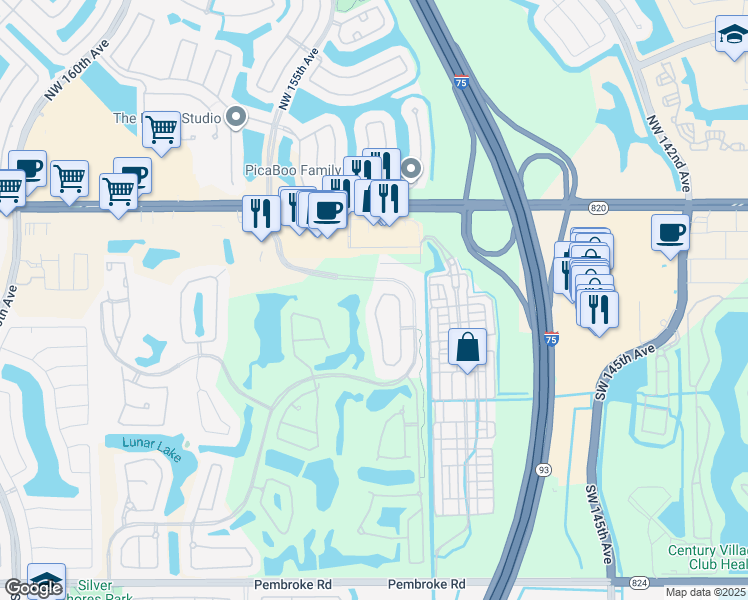 map of restaurants, bars, coffee shops, grocery stores, and more near 500 Cypress Pointe Drive West in Pembroke Pines