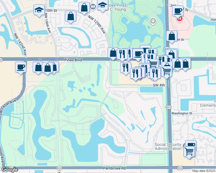 map of restaurants, bars, coffee shops, grocery stores, and more near 800 Southwest 130th Terrace in Pembroke Pines