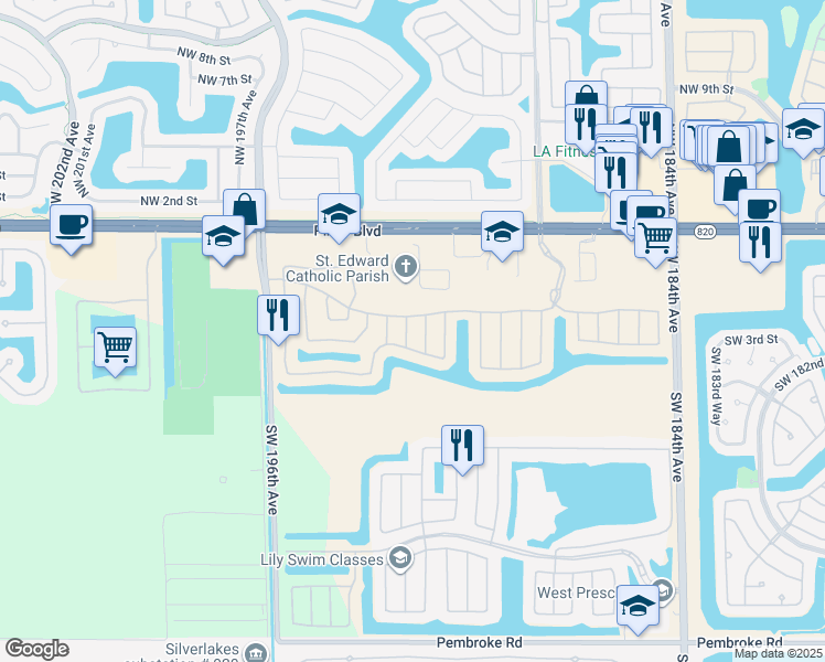 map of restaurants, bars, coffee shops, grocery stores, and more near 325 Southwest 191st Avenue in Pembroke Pines