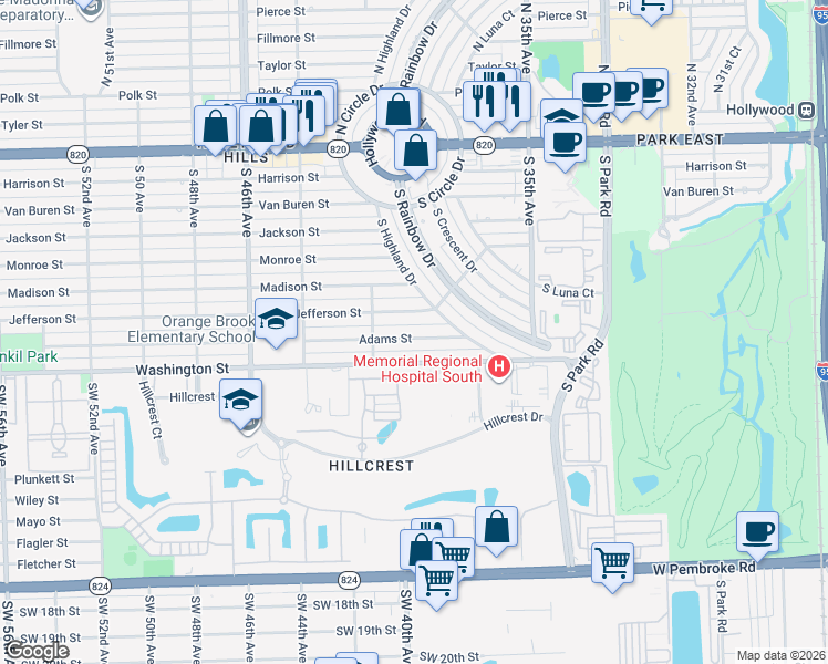 map of restaurants, bars, coffee shops, grocery stores, and more near 3833 Adams Street in Hollywood