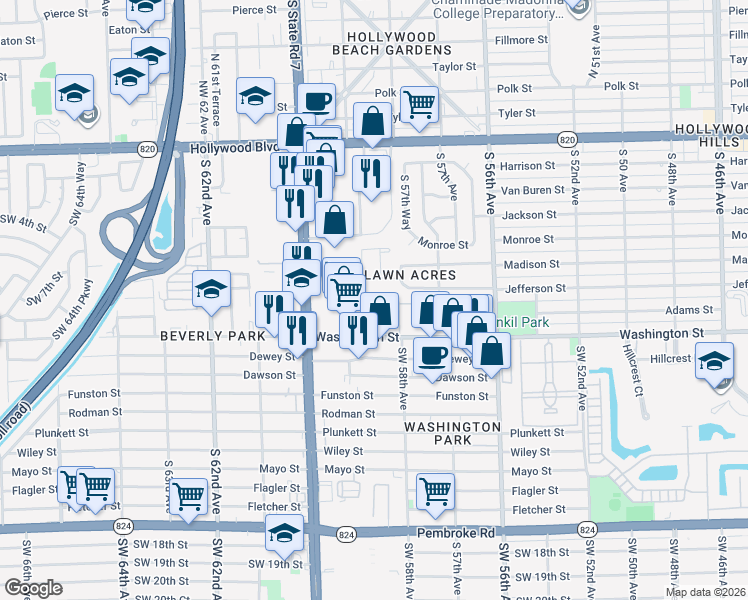 map of restaurants, bars, coffee shops, grocery stores, and more near 136 Hidden Court Road in Hollywood