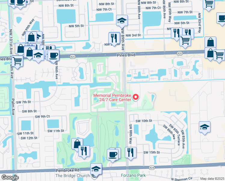 map of restaurants, bars, coffee shops, grocery stores, and more near 611 South Hollybrook Drive in Pembroke Pines