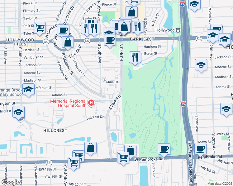 map of restaurants, bars, coffee shops, grocery stores, and more near 800 South Park Road in Hollywood