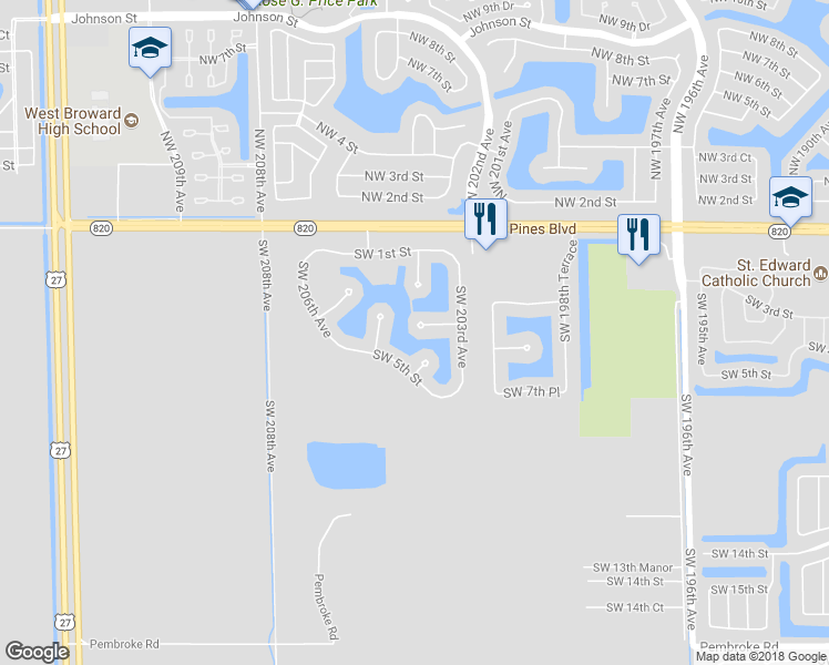 map of restaurants, bars, coffee shops, grocery stores, and more near 20382 Southwest 3rd Street in Hollywood