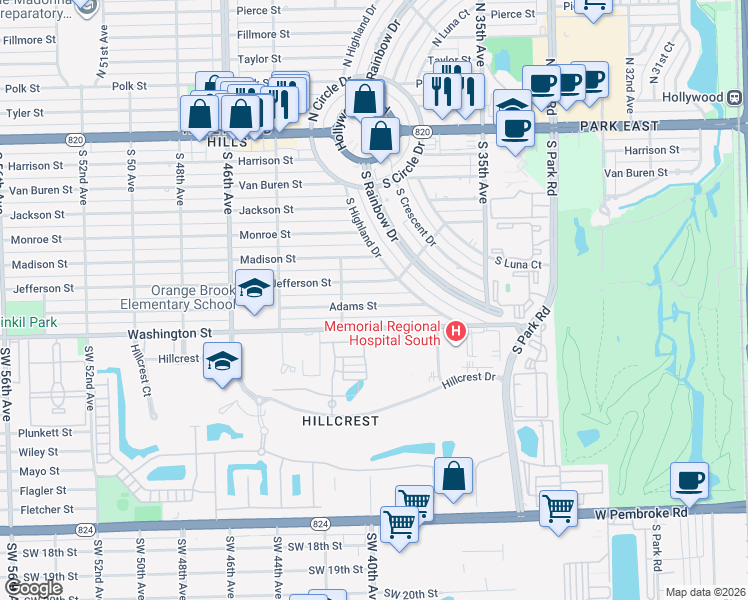 map of restaurants, bars, coffee shops, grocery stores, and more near 4009 Adams Street in Hollywood
