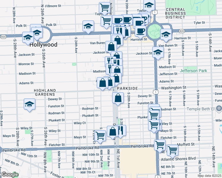map of restaurants, bars, coffee shops, grocery stores, and more near 830 South Dixie Highway in Hollywood