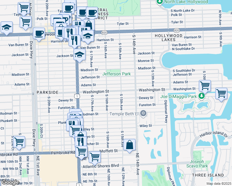 map of restaurants, bars, coffee shops, grocery stores, and more near 1510 Washington Street in Hollywood