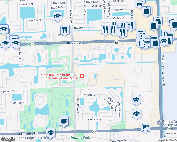 map of restaurants, bars, coffee shops, grocery stores, and more near 705 Southwest 88th Avenue in Pembroke Pines