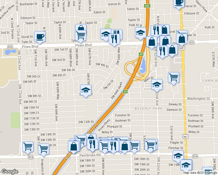 map of restaurants, bars, coffee shops, grocery stores, and more near 6430 Southwest 7th Street in Pembroke Pines