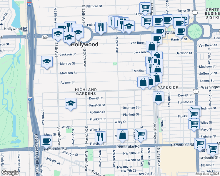 map of restaurants, bars, coffee shops, grocery stores, and more near 2431 Washington Street in Hollywood