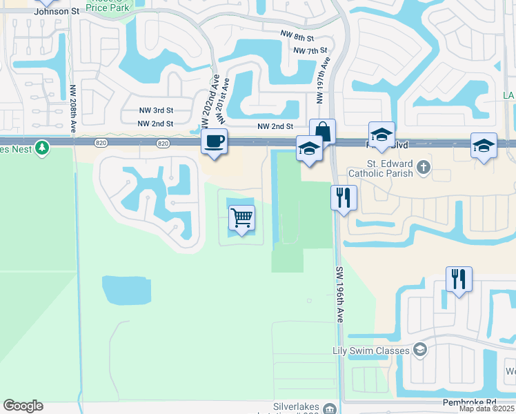 map of restaurants, bars, coffee shops, grocery stores, and more near 450 Southwest 198th Terrace in Pembroke Pines