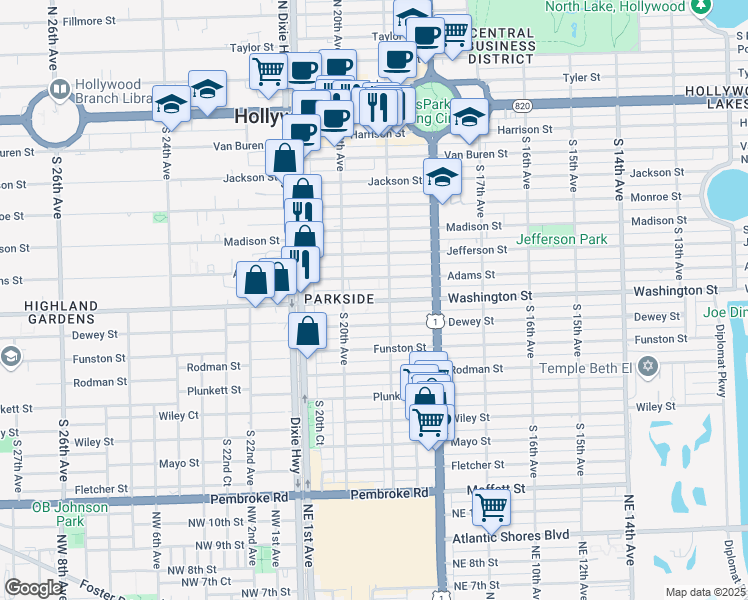 map of restaurants, bars, coffee shops, grocery stores, and more near 906 South 19th Avenue in Hollywood