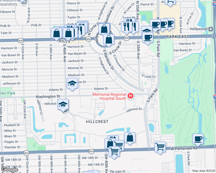 map of restaurants, bars, coffee shops, grocery stores, and more near 3833 Adams Street in Hollywood