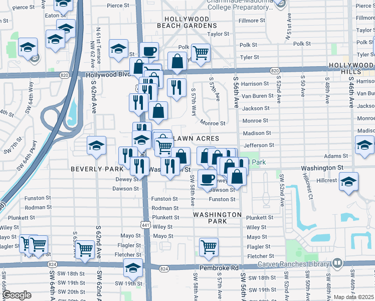 map of restaurants, bars, coffee shops, grocery stores, and more near 179 Hidden Court Drive in Hollywood