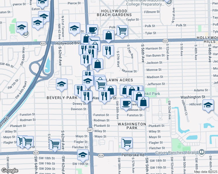 map of restaurants, bars, coffee shops, grocery stores, and more near 136 Hidden Court Road in Hollywood
