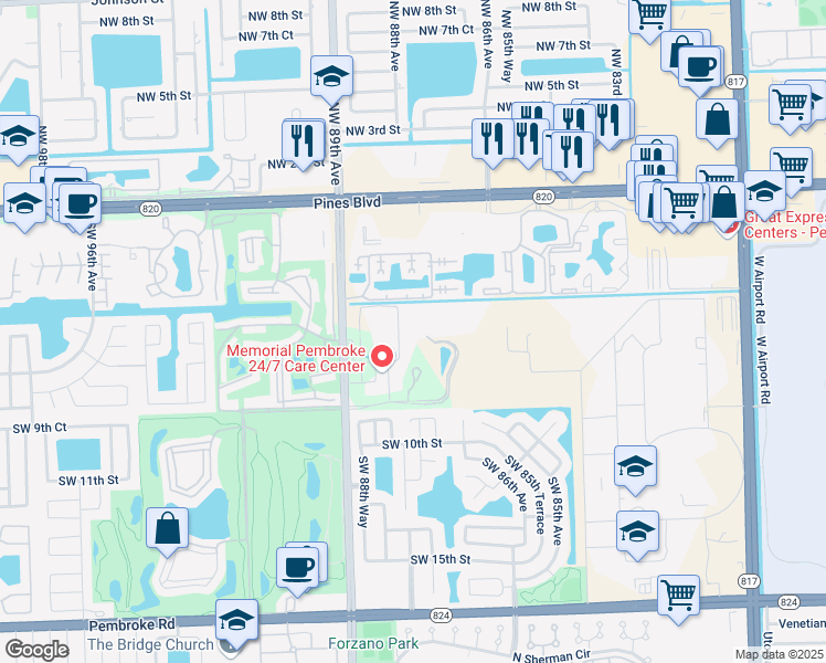 map of restaurants, bars, coffee shops, grocery stores, and more near 705 Southwest 88th Avenue in Pembroke Pines