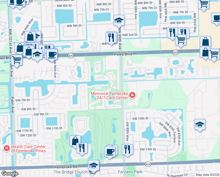 map of restaurants, bars, coffee shops, grocery stores, and more near 611 South Hollybrook Drive in Pembroke Pines