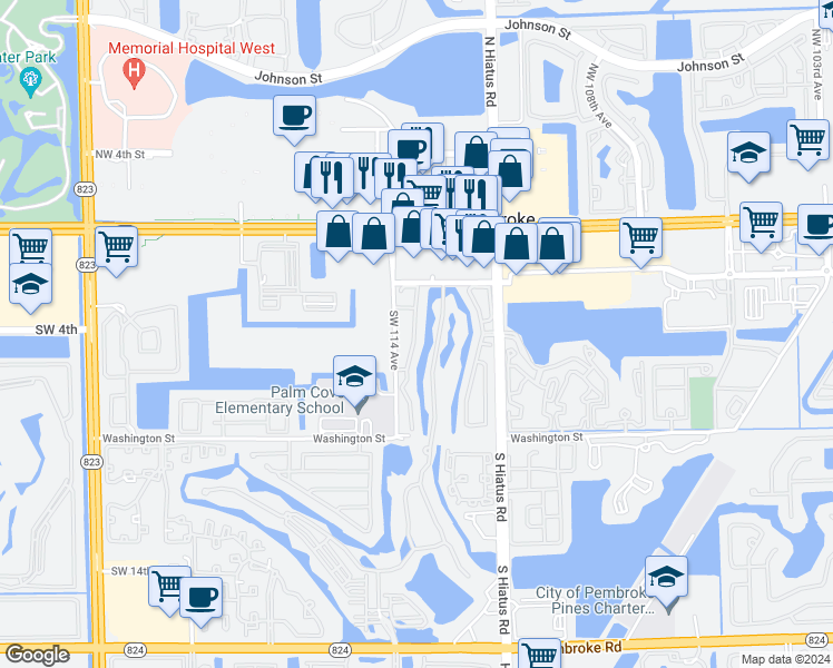 map of restaurants, bars, coffee shops, grocery stores, and more near 4585 Southwest 113th Way in Pembroke Pines