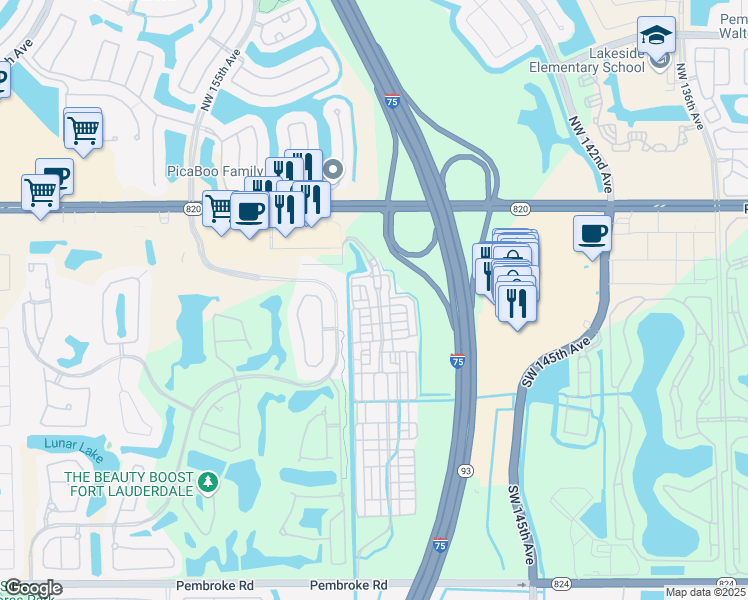 map of restaurants, bars, coffee shops, grocery stores, and more near 482 Southwest 148th Avenue in Pembroke Pines
