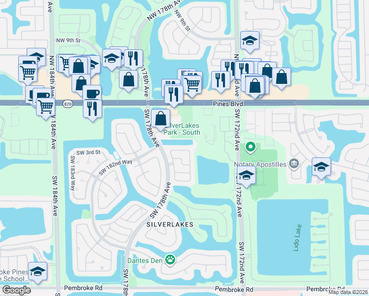 map of restaurants, bars, coffee shops, grocery stores, and more near 17681 Southwest 4th Court in Pembroke Pines