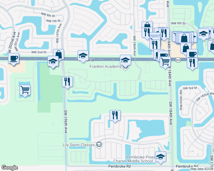 map of restaurants, bars, coffee shops, grocery stores, and more near 331 Southwest 190th Avenue in Pembroke Pines