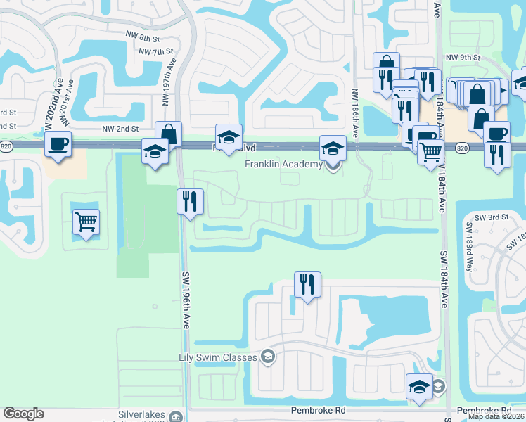 map of restaurants, bars, coffee shops, grocery stores, and more near 325 Southwest 191st Avenue in Pembroke Pines
