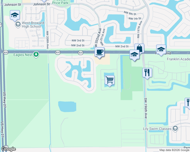 map of restaurants, bars, coffee shops, grocery stores, and more near 311 Southwest 203rd Avenue in Pembroke Pines