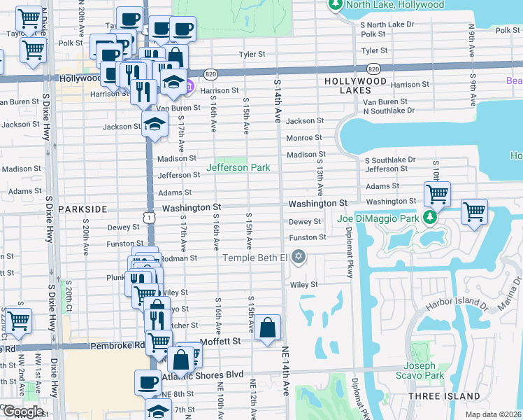 map of restaurants, bars, coffee shops, grocery stores, and more near 1430 Washington Street in Hollywood