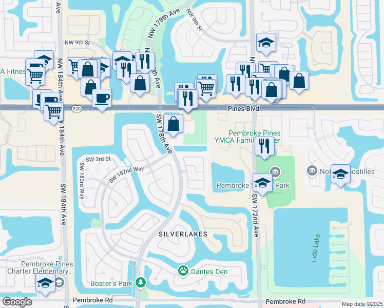 map of restaurants, bars, coffee shops, grocery stores, and more near 17661 Southwest 4th Court in Pembroke Pines