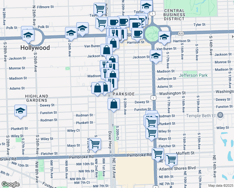 map of restaurants, bars, coffee shops, grocery stores, and more near 2037 Washington Street in Hollywood