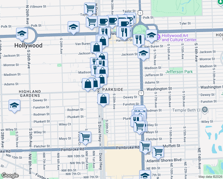 map of restaurants, bars, coffee shops, grocery stores, and more near in Hollywood