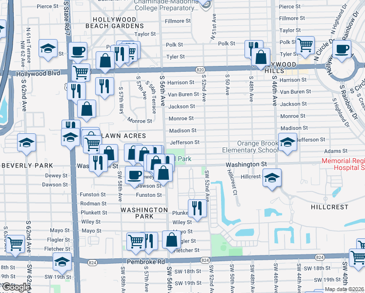 map of restaurants, bars, coffee shops, grocery stores, and more near 5400 South 54th Avenue in Hollywood
