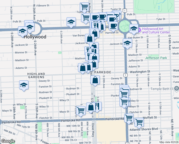 map of restaurants, bars, coffee shops, grocery stores, and more near 826 South Dixie Highway in Hollywood