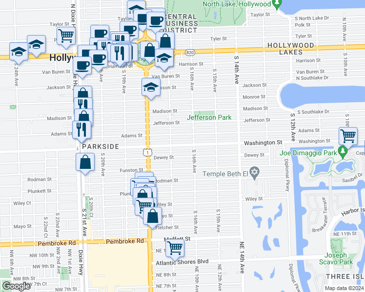 map of restaurants, bars, coffee shops, grocery stores, and more near 1644 Washington Street in Hollywood