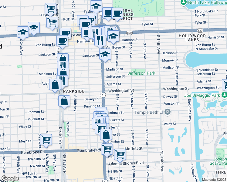 map of restaurants, bars, coffee shops, grocery stores, and more near 1736 Washington Street in Hollywood
