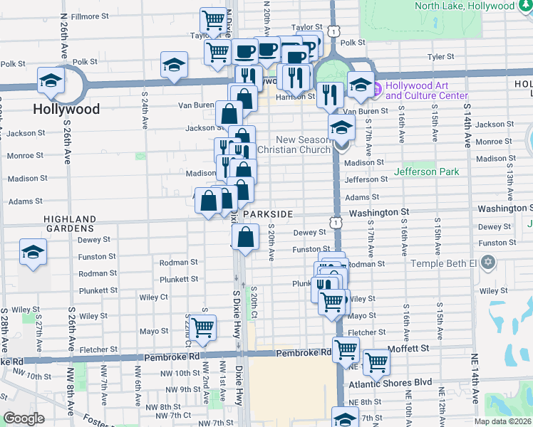 map of restaurants, bars, coffee shops, grocery stores, and more near in Hollywood