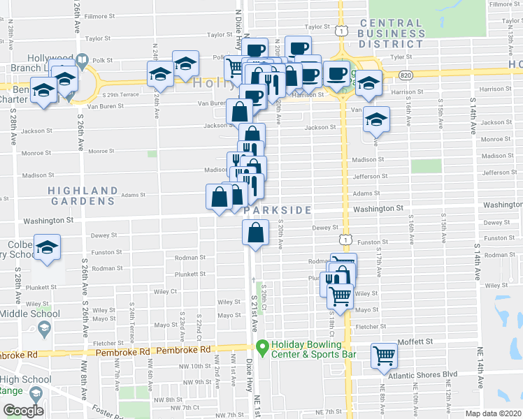 map of restaurants, bars, coffee shops, grocery stores, and more near 2037 Washington Street in Hollywood