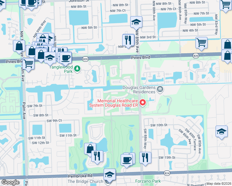 map of restaurants, bars, coffee shops, grocery stores, and more near 811 South Hollybrook Drive in Pembroke Pines