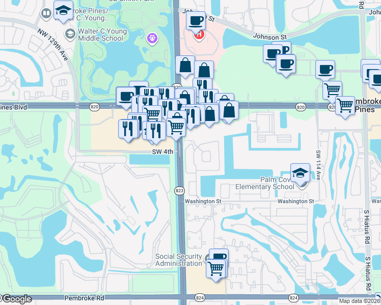map of restaurants, bars, coffee shops, grocery stores, and more near 387 South West 122nd Terrace in Pembroke Pines