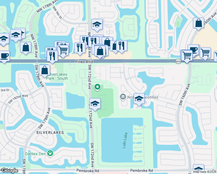 map of restaurants, bars, coffee shops, grocery stores, and more near 501 Southwest 172nd Avenue in Hollywood