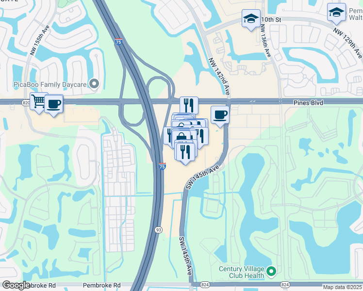 map of restaurants, bars, coffee shops, grocery stores, and more near 14561 Southwest 5th Street in Pembroke Pines