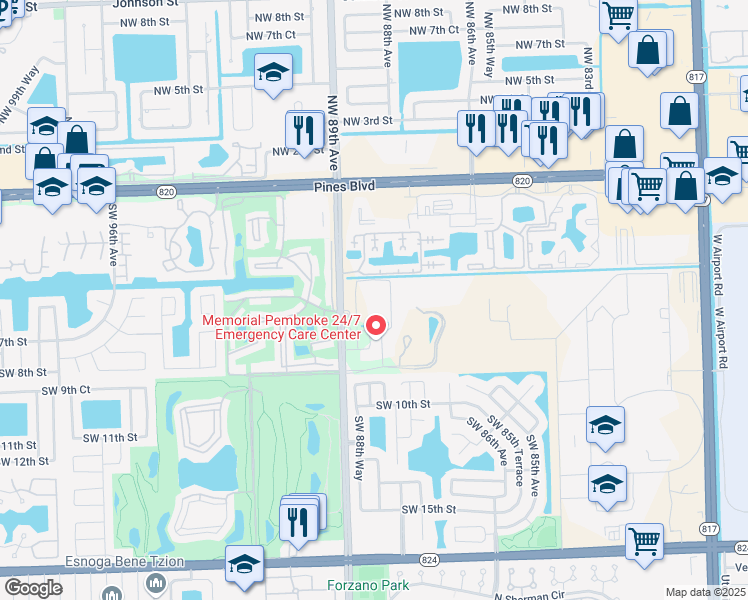 map of restaurants, bars, coffee shops, grocery stores, and more near 777 South Douglas Road in Pembroke Pines