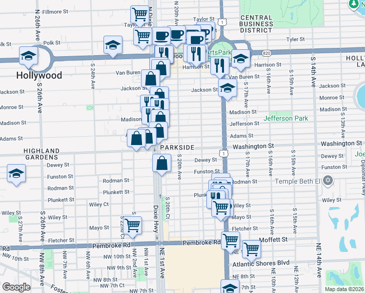 map of restaurants, bars, coffee shops, grocery stores, and more near in Hollywood